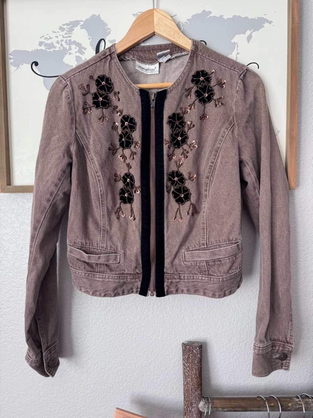 Gorgeous cotton denim blazer velvet trimmed embellished  brown size 10